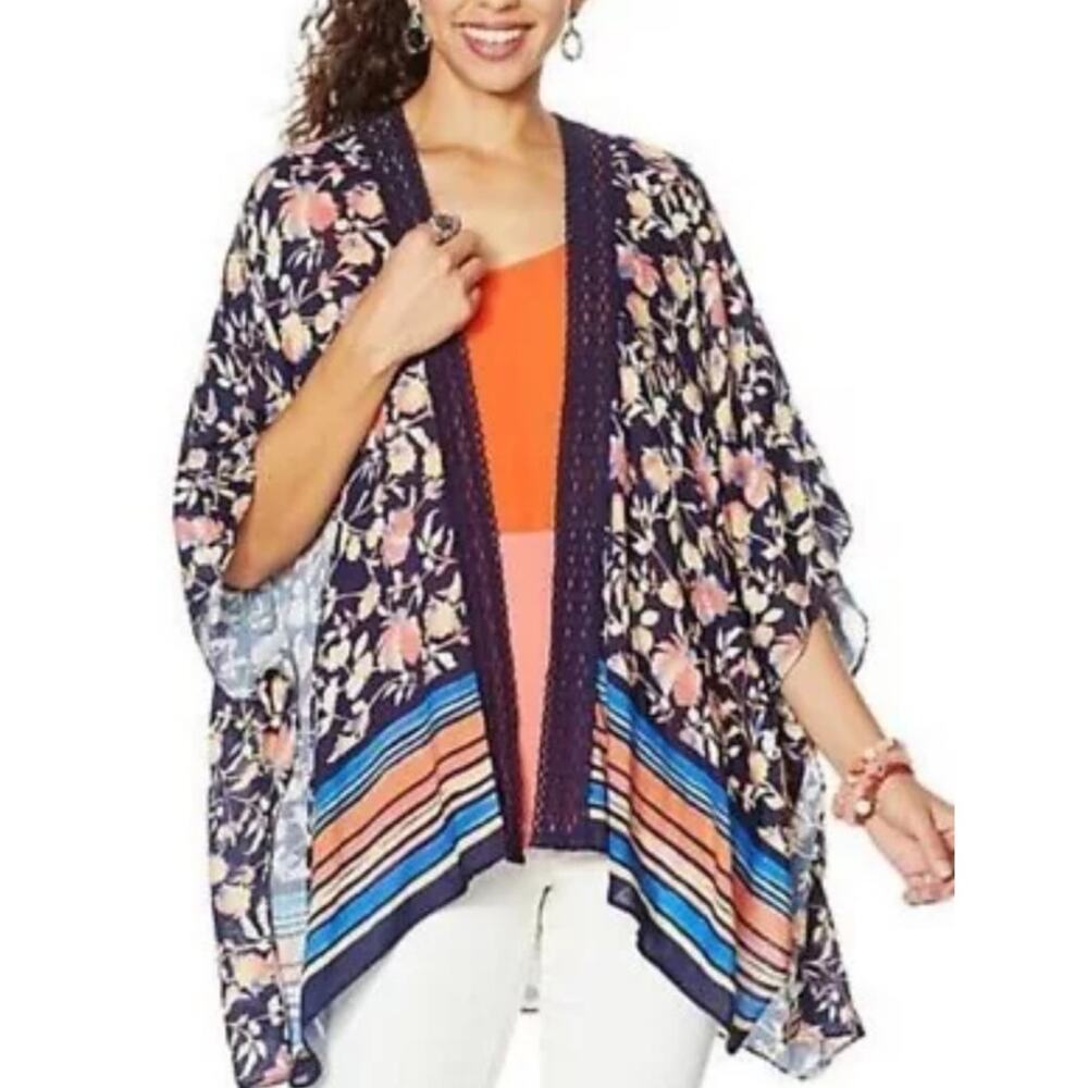 Colleen Lopez Boho Colorful Floral Crochet‎ Lightweight Open Oversized Tunic M L